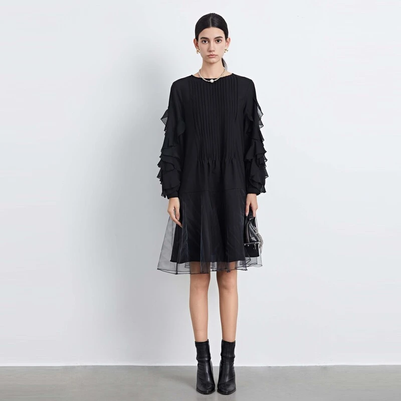 【莉莉专属】圣迪奥女装宽松气质时尚休闲中长款连衣裙拼接黑色收腰