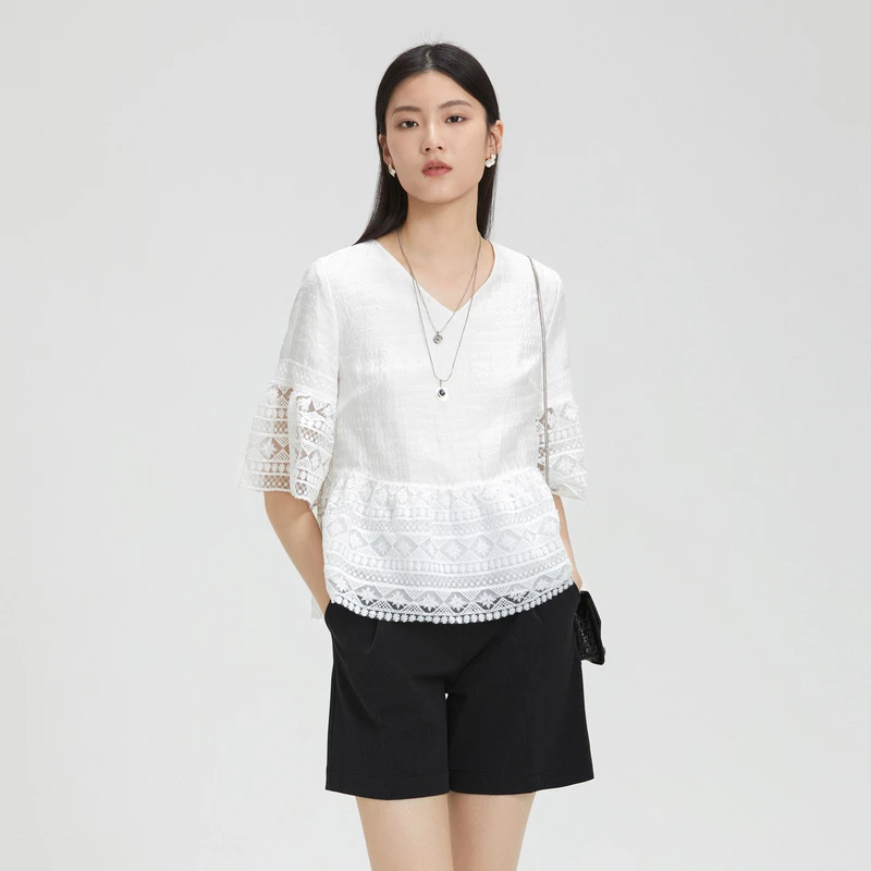 S·DEER【粉丝专享】】圣迪奥时尚新款洋气甜美蕾丝衫休闲宽松衬衫