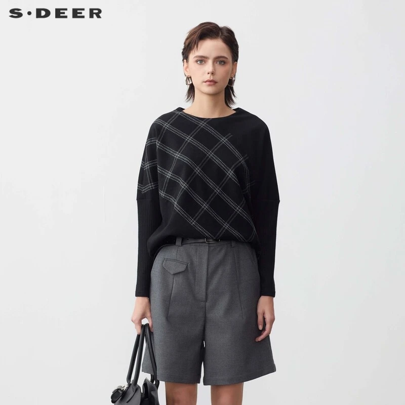 【敖陪陪专属】圣迪奥轻奢圆领格纹拼接宽松毛呢外套S24182209