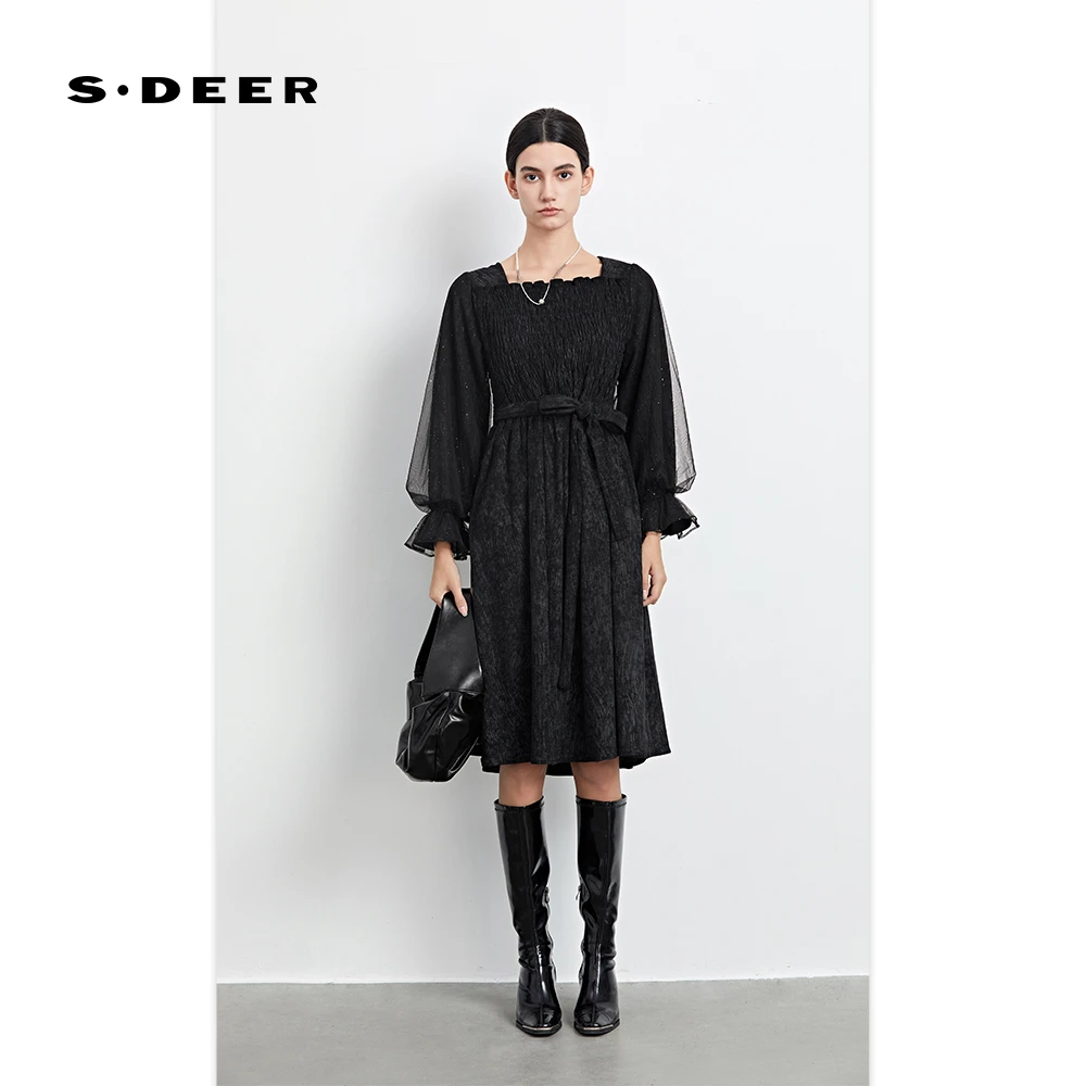 【安瞳专属】sdeer长袖黑色收腰显瘦时尚女装连衣裙S233Z12V6