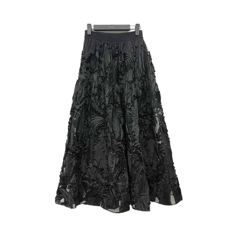 S·DEER圣迪奥秋季时尚百搭优雅气质A字复古蕾丝黑色长款半身裙