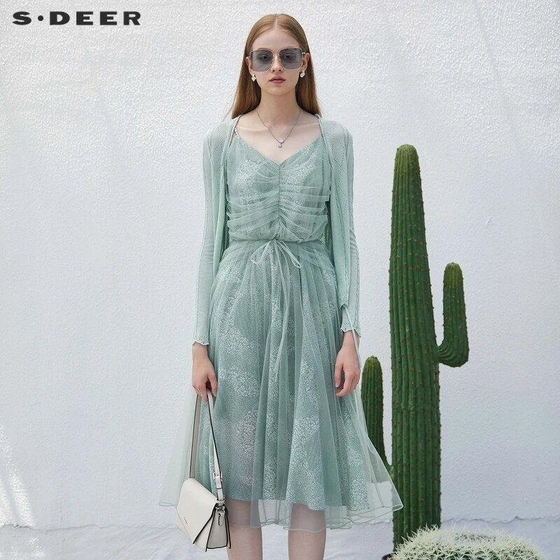 【粉丝专享】圣迪奥网纱印花针织衫吊带裙套装S232Z1442