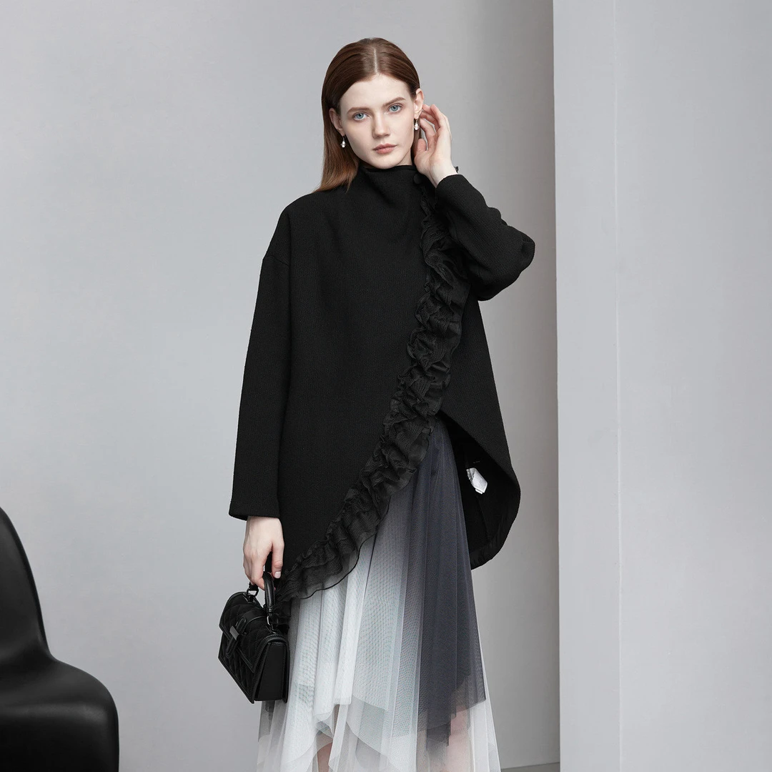 【黄蓉推荐】sdeer抽褶肌理网纱不规则毛呢大衣外套S221Z2203