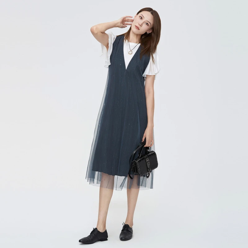 【粉丝专享】圣迪奥V领网纱拼接无袖气质休闲收腰连衣裙S222Z12W5