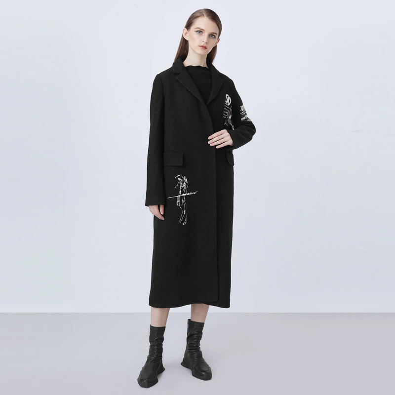 【粉丝专享】圣迪奥休闲撞色字母H型过膝毛呢大衣S214Z1875