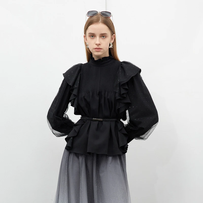 【小铃铛专属】圣迪奥拼接荷叶边气质通勤小众衬衫S231Z0527