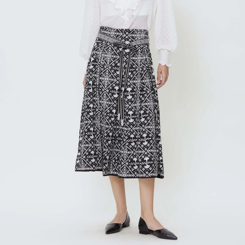 【粉丝专享】圣迪奥文艺复古系带撞色印花A字伞裙S242Z1112