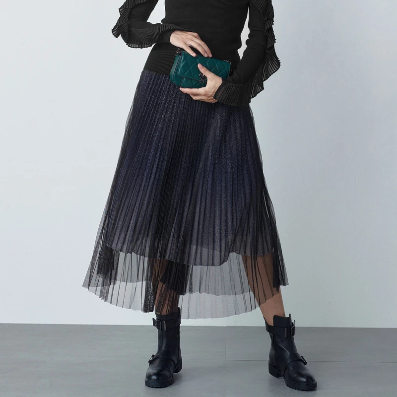 【粉丝专享】圣迪奥中长款渐变百褶网纱不规则长裙S221Z1101