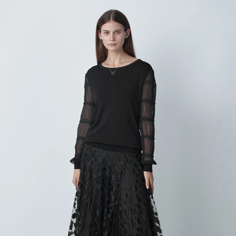 【莉莉专属】圣迪奥圆领套头亮片褶皱拼接针织衫S221Z3501