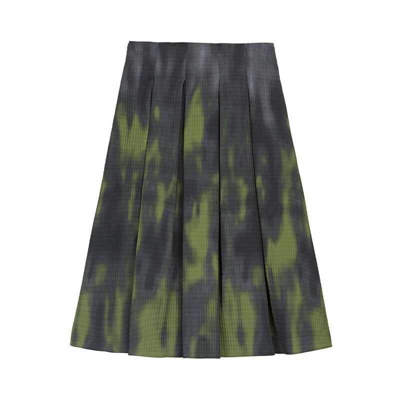 【莉莉专属】圣迪奥印花压褶显瘦A字长裙高腰格纹半身裙S233Z1124