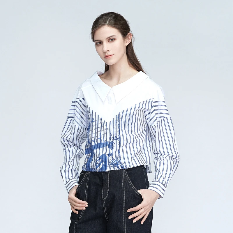 【丽公主】sdeer圣迪奥休闲V领条纹印花短款衬衫S21180504