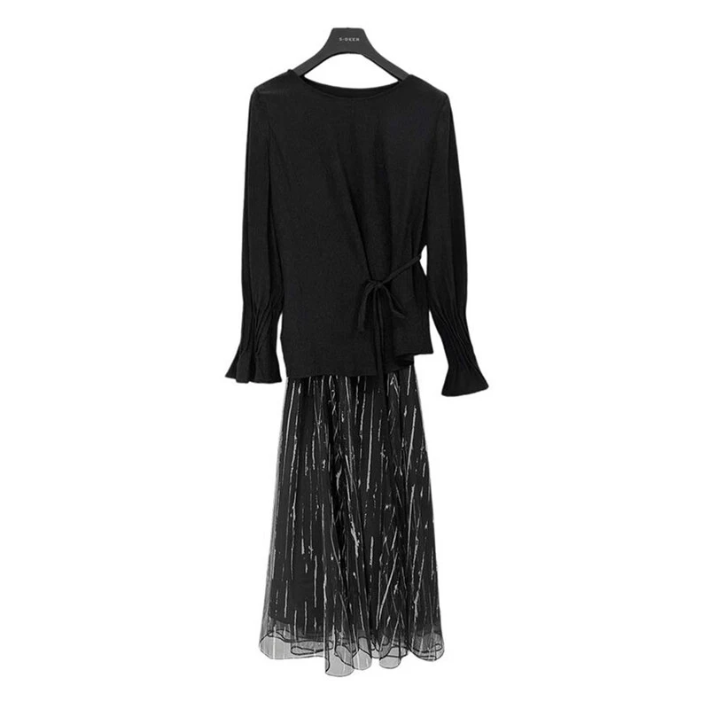 【亚美专属】圣迪奥圆领收腰印花网纱针织长裙显瘦气质轻奢连衣裙