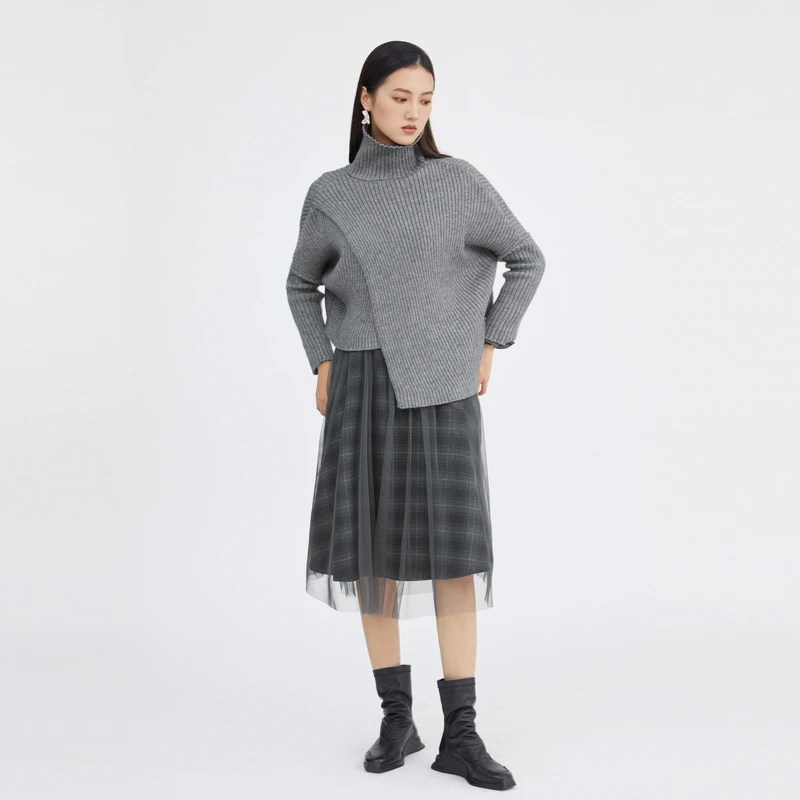 【粉丝专享】圣迪奥秋冬网纱格纹高领针织真两件连衣裙S223Z1442