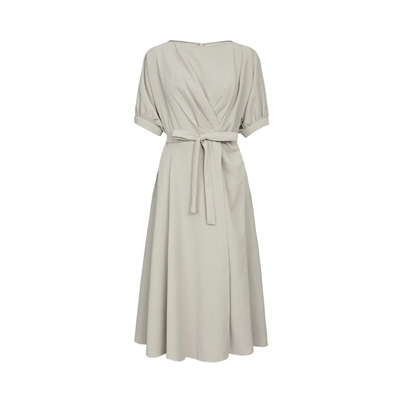 S·DEER圣迪奥气质优雅圆领压褶收腰短袖显瘦轻奢时尚设计师连衣裙