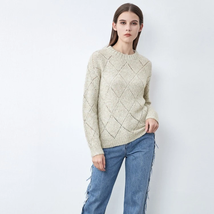 【粉丝专享】圣迪奥复古罗纹圆领镂空基本款长袖针织衫S22183502