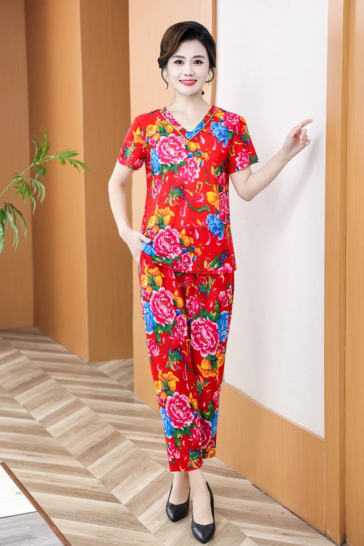 东北大花V领新款夏季时尚中老年套装