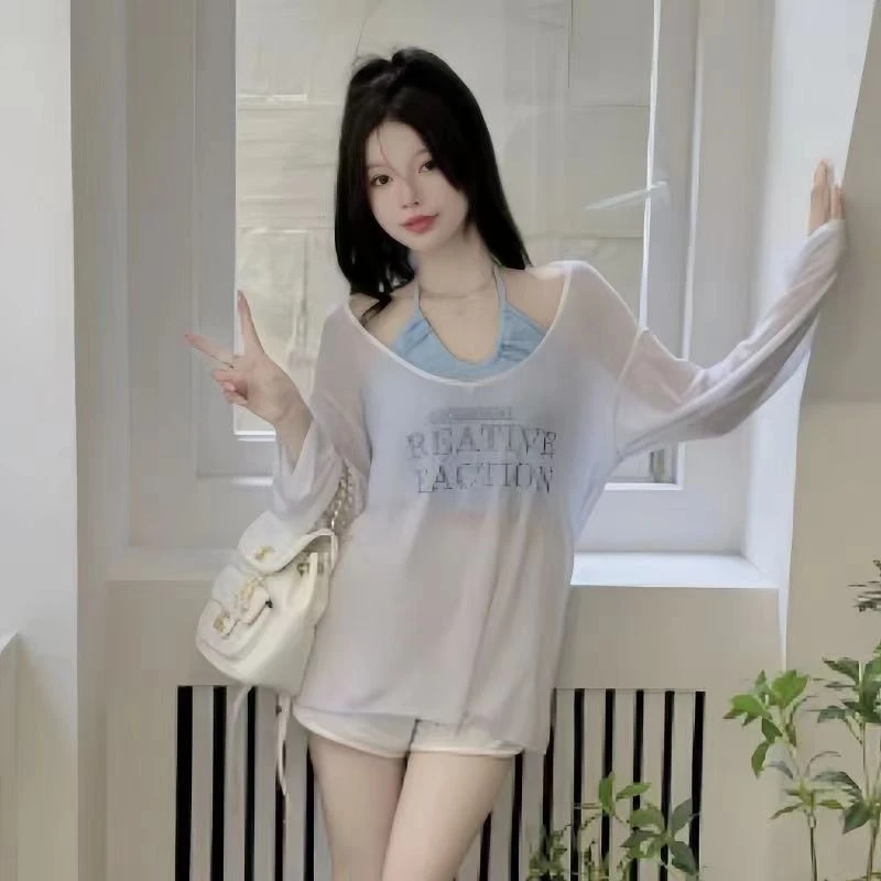 大码V领纯欲辣妹内搭挂脖吊带背心防晒上衣女长袖薄款罩衫两件装