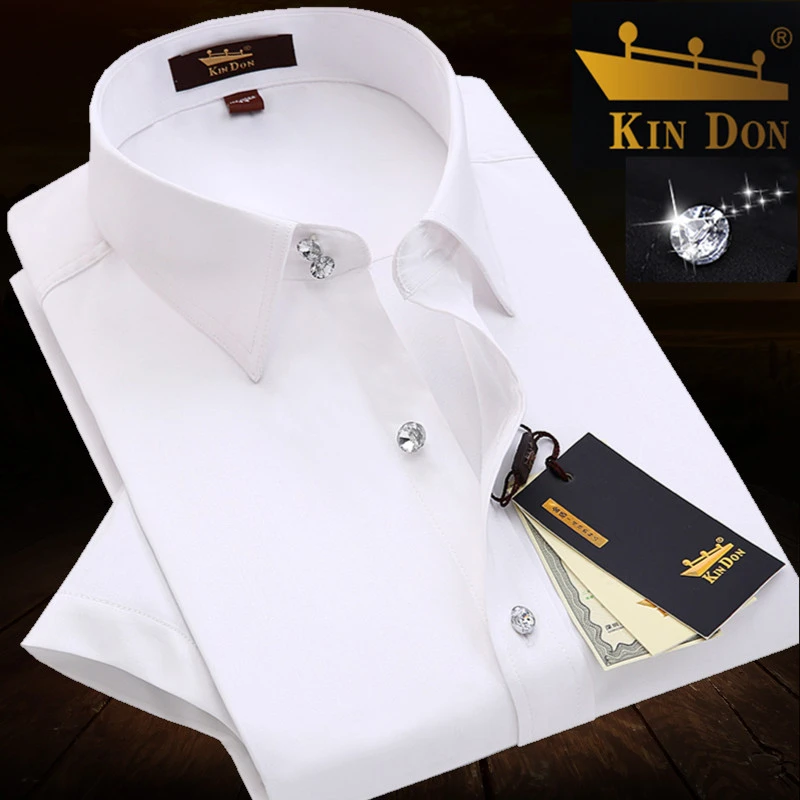 KIN DON男士白色钻扣短袖衬衫夏季薄款免烫商务高领双扣衬衣半袖