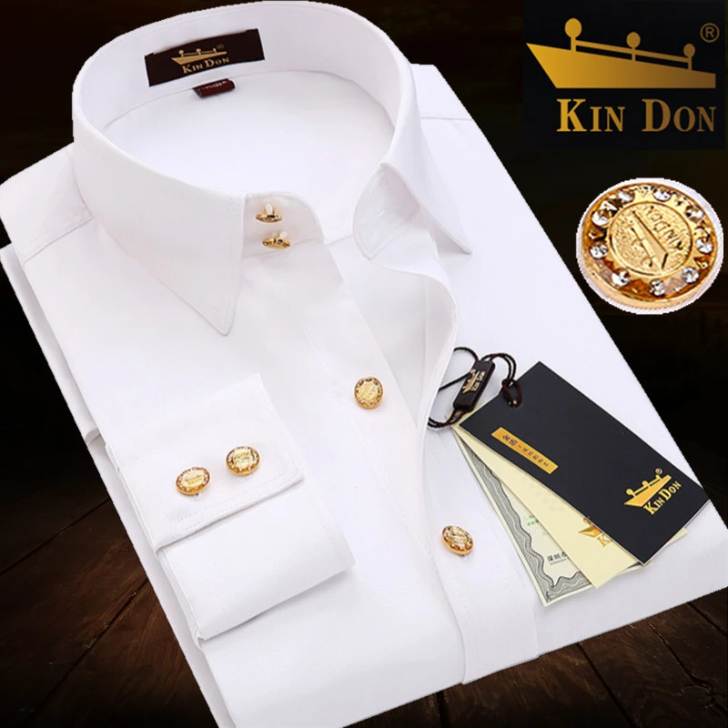 金盾男士高领衬衫男款长袖衬衣免烫商务正装弹力纯白色寸衫黄铜扣