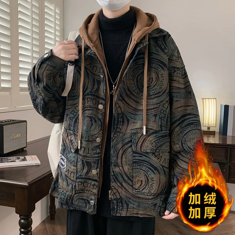 冬季假两件男士加绒加厚牛仔外套夹克痞帅气保暖外搭衣服潮牌男装