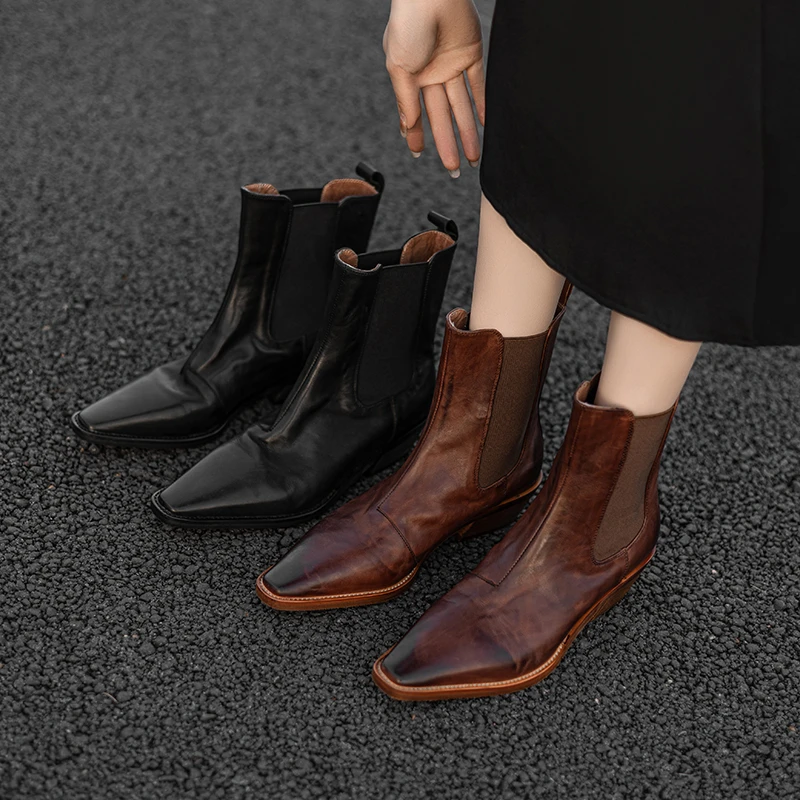 秋冬季新款重工水洗复古法式方头低跟英伦风切尔西靴