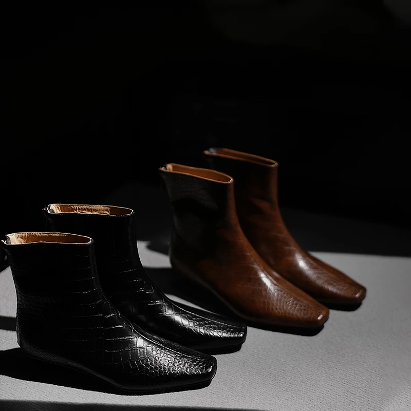 【素雅】2024秋冬新款方头低跟短筒及裸靴英伦风靴子时尚百搭