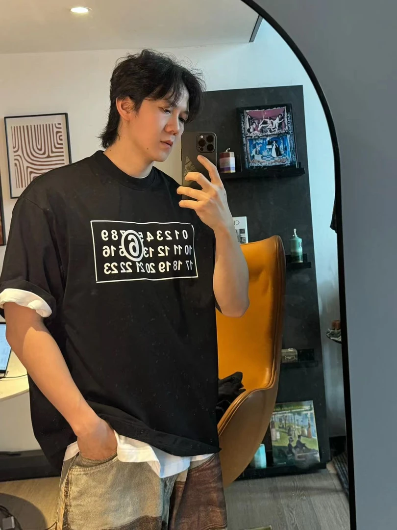 新款重磅纯棉数字框框字印花短袖T男士百搭宽松潮流