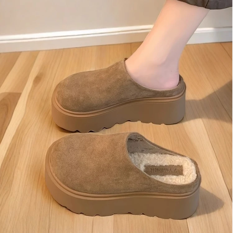 时尚勃肯鞋女款秋冬厚底松糕毛毛拖鞋2024新款一脚蹬包头半拖棉鞋