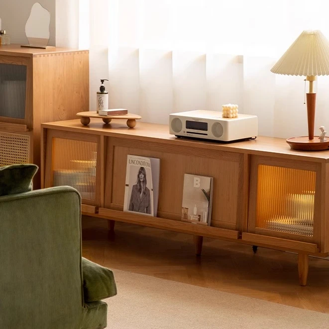 实木电视柜茶几组合北欧风格樱桃木原木藤编家具小户型现代简约