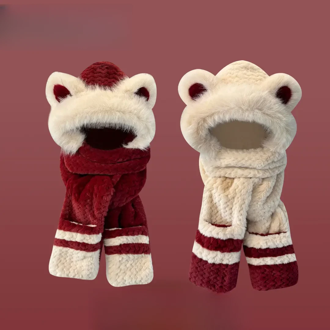 可爱小熊耳朵帽子围巾手套一体防寒保暖女秋冬加厚毛绒护耳骑车帽