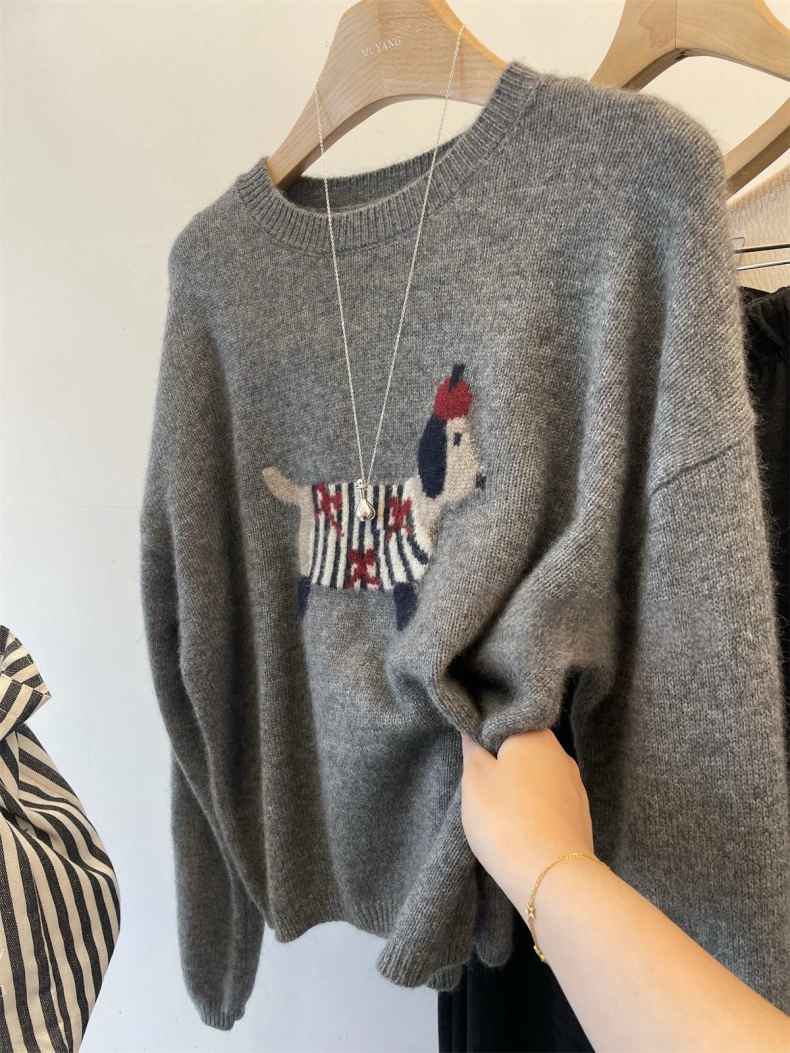 减龄小狗提花设计圆领软糯毛衣慵懒风叠穿针织衫宽松显瘦套头毛衣