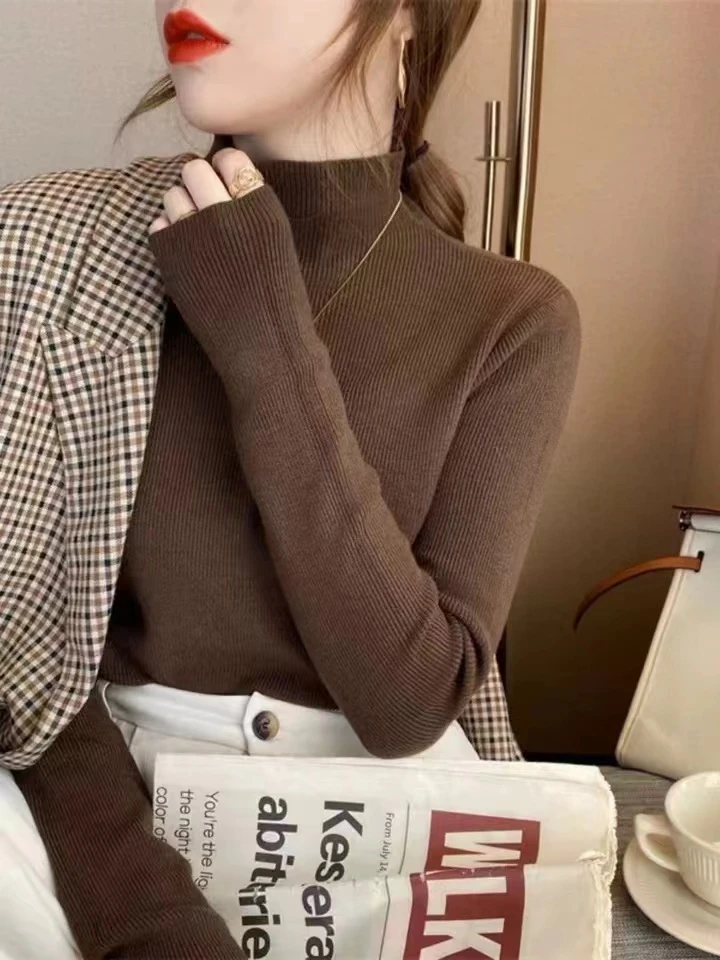 韩系内搭小中领细腻柔软亲肤打底长袖针织衫洋气纯色修身上衣新