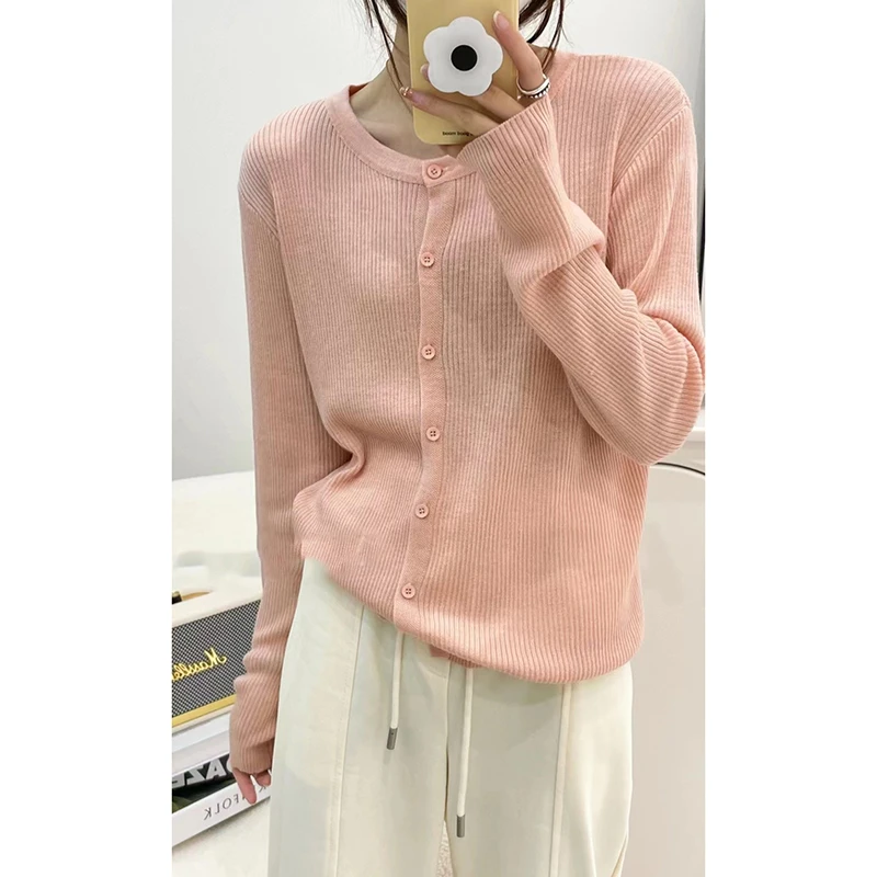 韩系超细软糯轻薄圆领针织开衫纯色长袖针织衫竖坑条初夏毛衣外套
