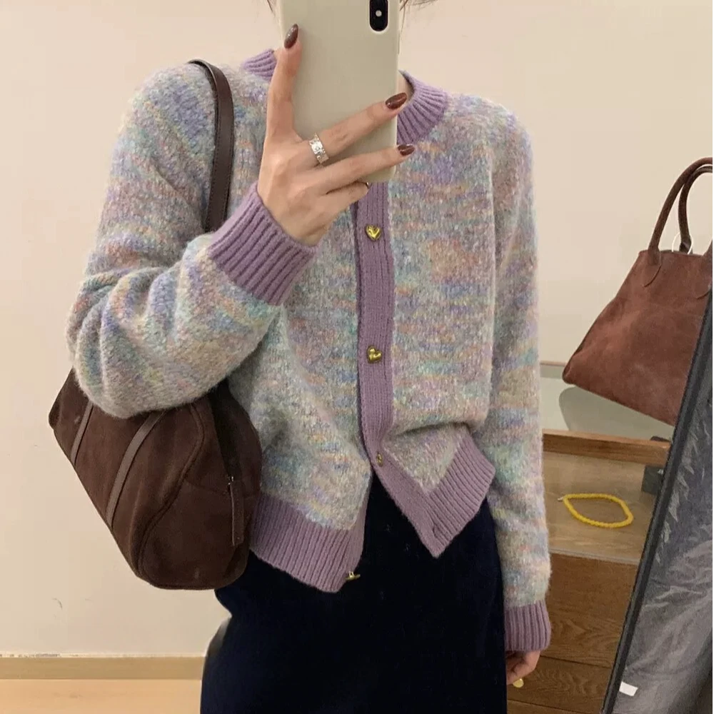 温柔感绝美小香风花纱紫色圆领开衫针织衫慵懒风宽松软糯外套秋新