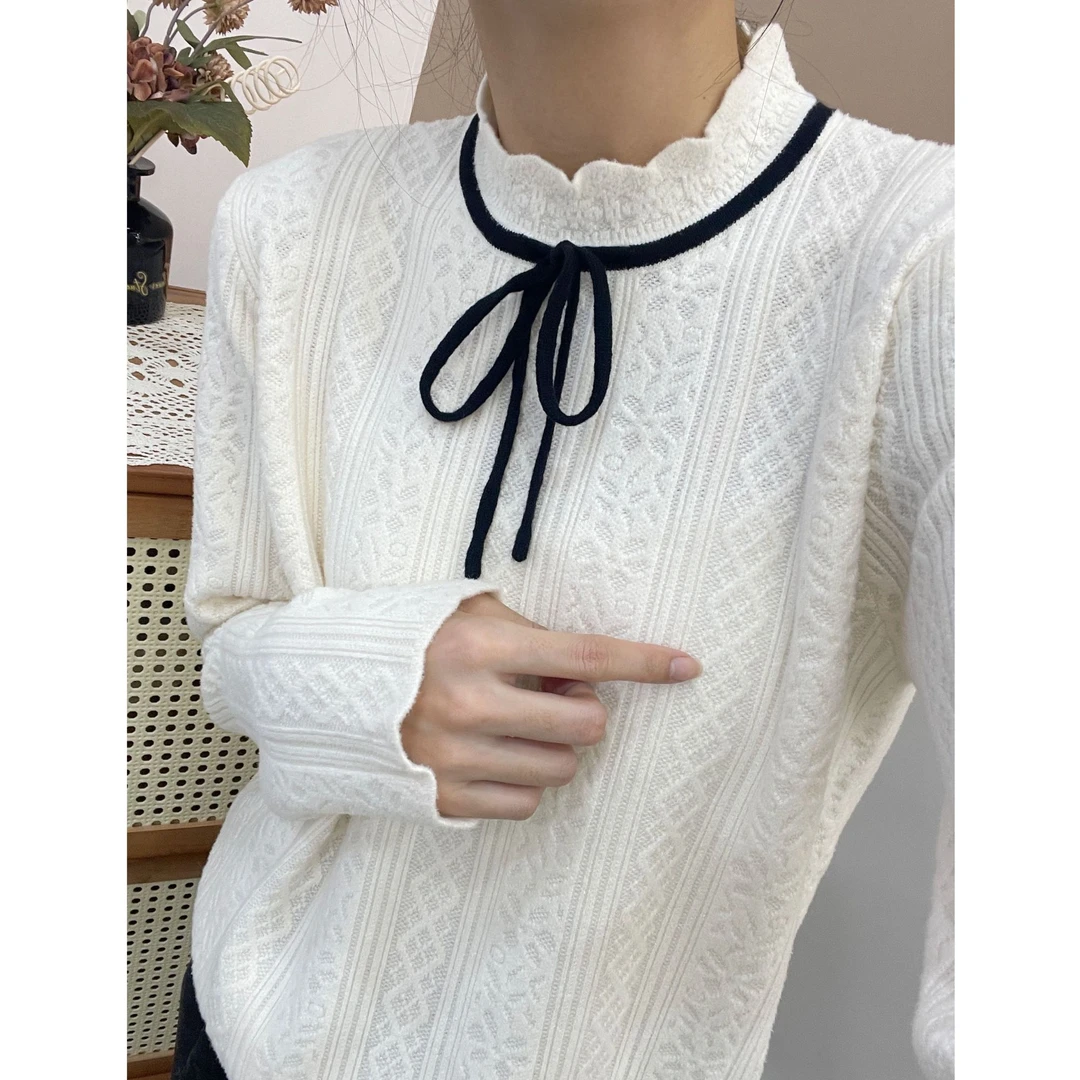韩系半高领系带立体提花打底长袖针织衫显瘦内搭毛衣上衣加厚