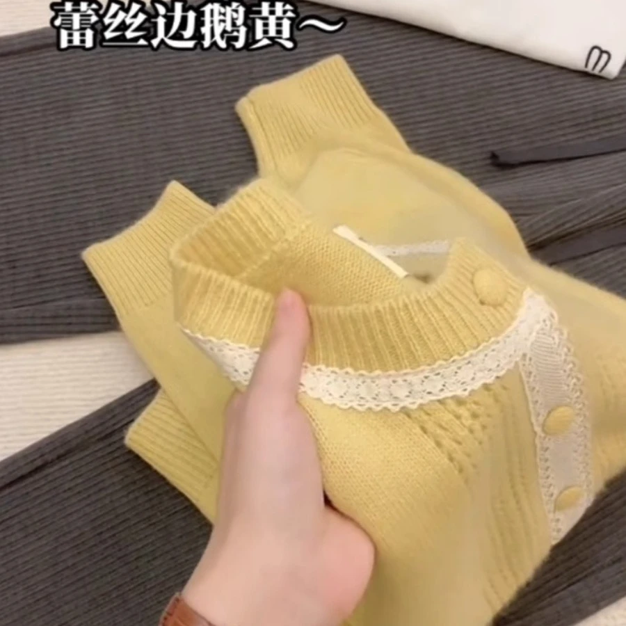 韩系蕾丝花边温柔圆领针织开衫高级长袖针织衫洋气新宽松毛衣外套