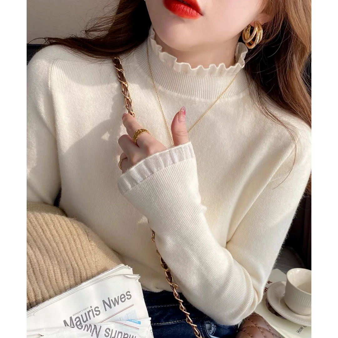 蕾丝边奶油白气质半高中领加厚打底衫毛衣内搭洋气长袖针织衫上衣