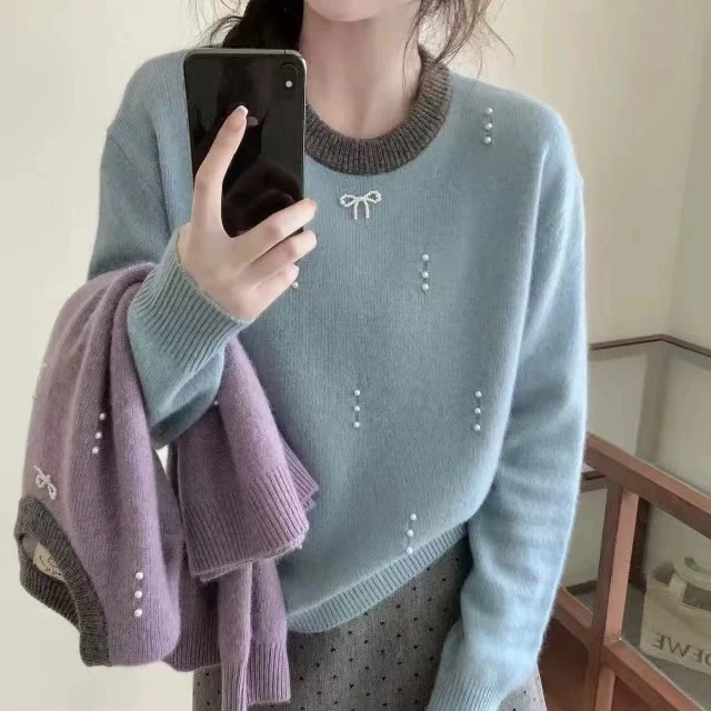 设计感韩系蝴蝶结钉珠毛衣洋气拼色宽松长袖针织衫内搭打底上衣厚