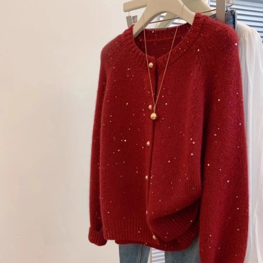 洋气设计感彩色亮片圆领针织开衫气质小金扣长袖针织衫纯色外套