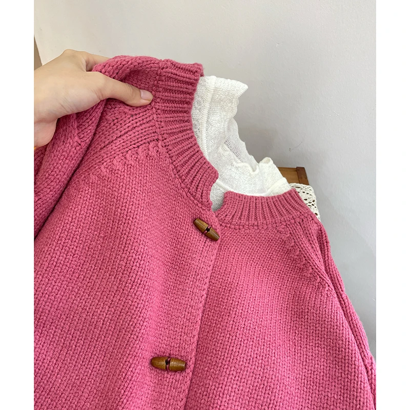 洋气牛角扣洋气加厚圆领针织开衫韩系设计感纯色新宽松毛衣外套