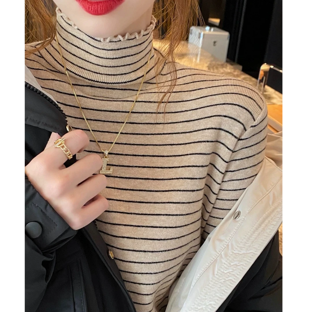 条纹木耳边气质半高中领加厚打底衫毛衣内搭洋气长袖针织衫上衣