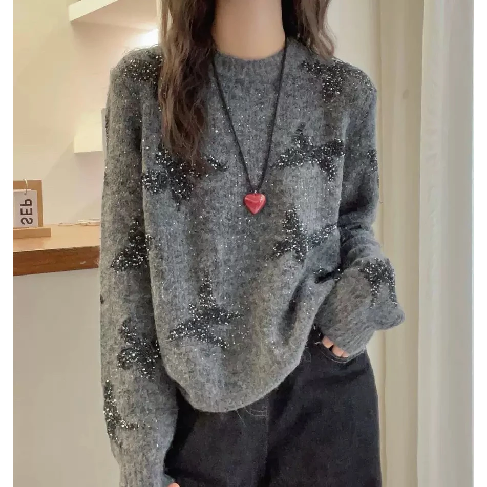 重工亮片蝴蝶高级灰圆领软糯毛衣慵懒叠穿针织衫宽松显瘦套头毛衣