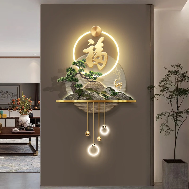 3d立体玄关壁画走廊尽头新中式发财树福字挂画过道led高档装饰画