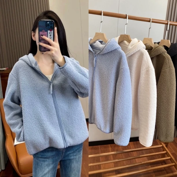 小U!加厚户外防风摇粒绒拉链连帽宽松百搭显瘦女款外套