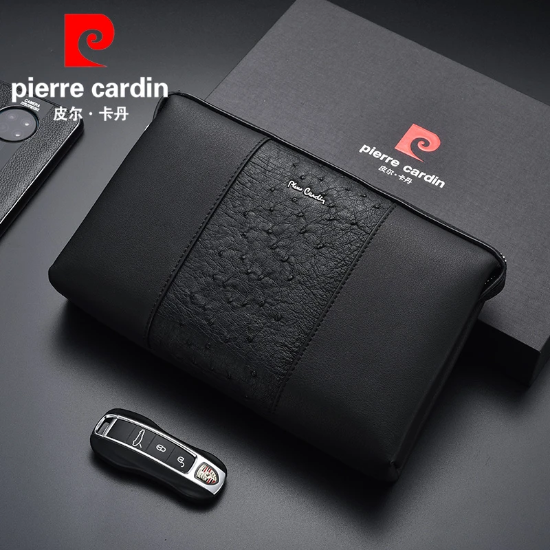 皮尔卡丹男士手包真皮商务休闲男手拿抓包牛皮拼接鸵鸟皮夹包正品