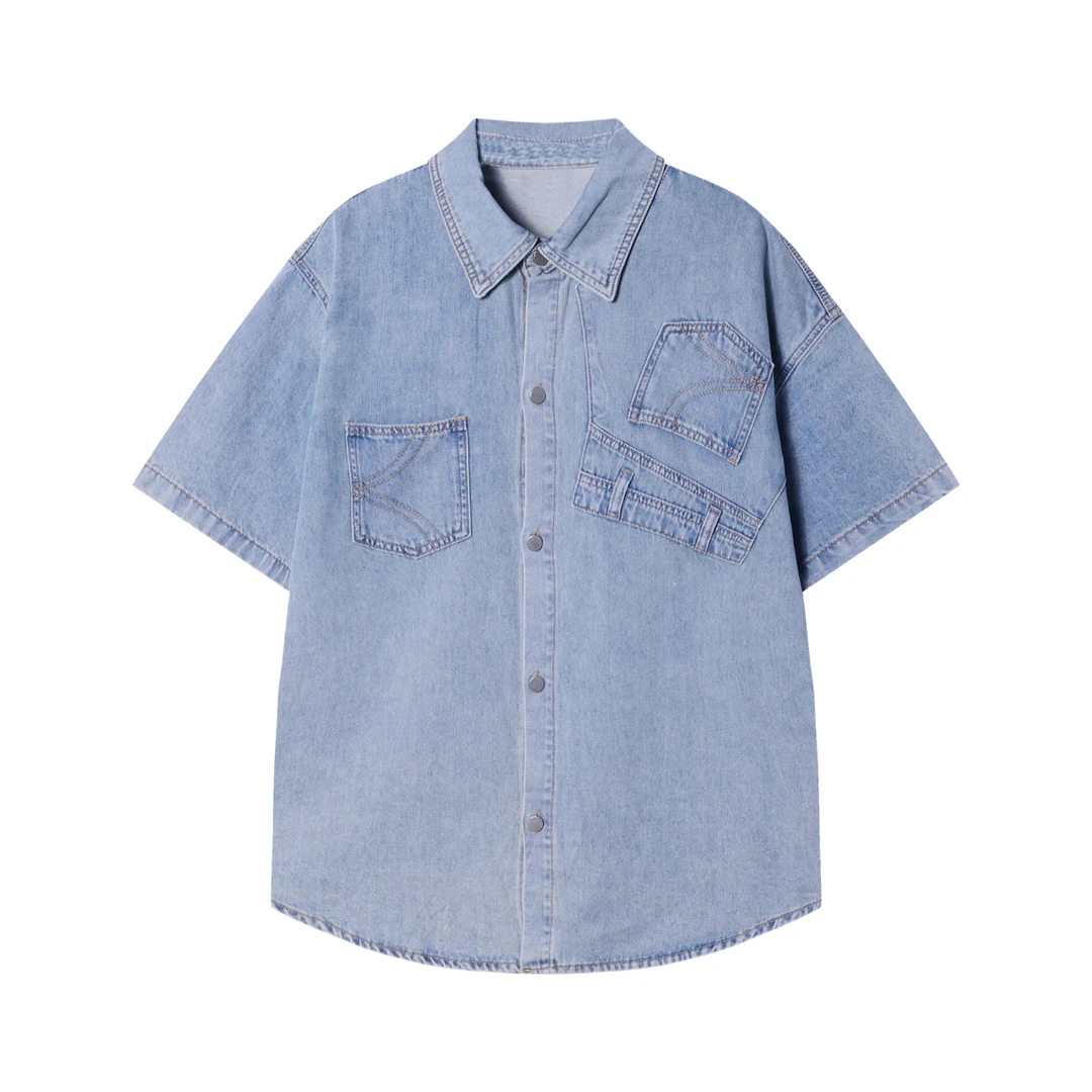 CS117夏季时尚牛仔拼接男士衬衫百搭潮流休闲上衣宽松复古港风短