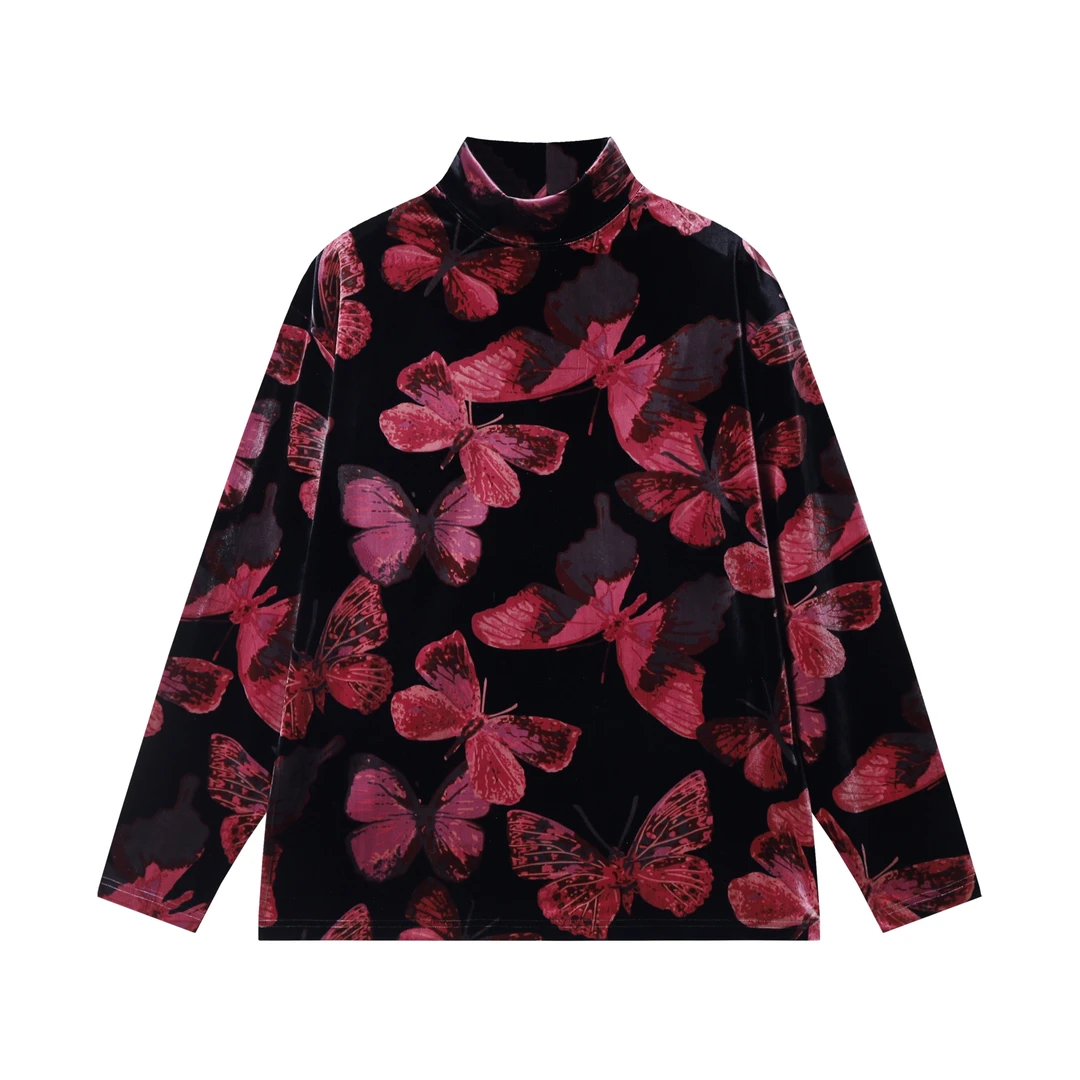 秋冬季新款时尚个性绒面满印蝴蝶撞色半高领长袖T恤百搭复古简约