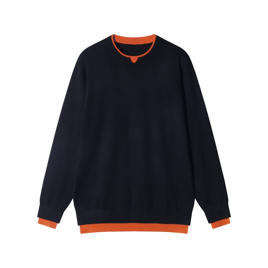 秋冬季新款时尚个性美式撞色圆领假两件毛衣