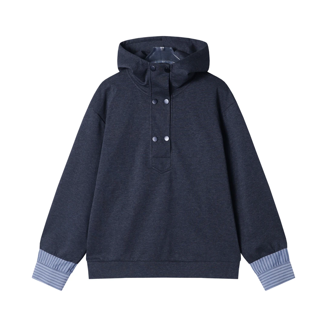 秋冬新款男士连帽套头假两件纽扣时尚纯色宽松百搭长袖潮流卫衣