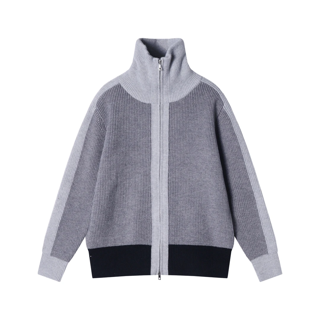 秋冬季新款时尚个性撞色拼接立领开衫针织衫休闲百搭上衣